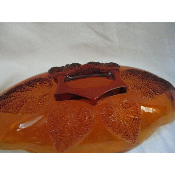 Candy Dish, Vintage Indiana Glass Deep Amber Leaf Candy Relish Dish oblong bowl - Picture 3 of 5